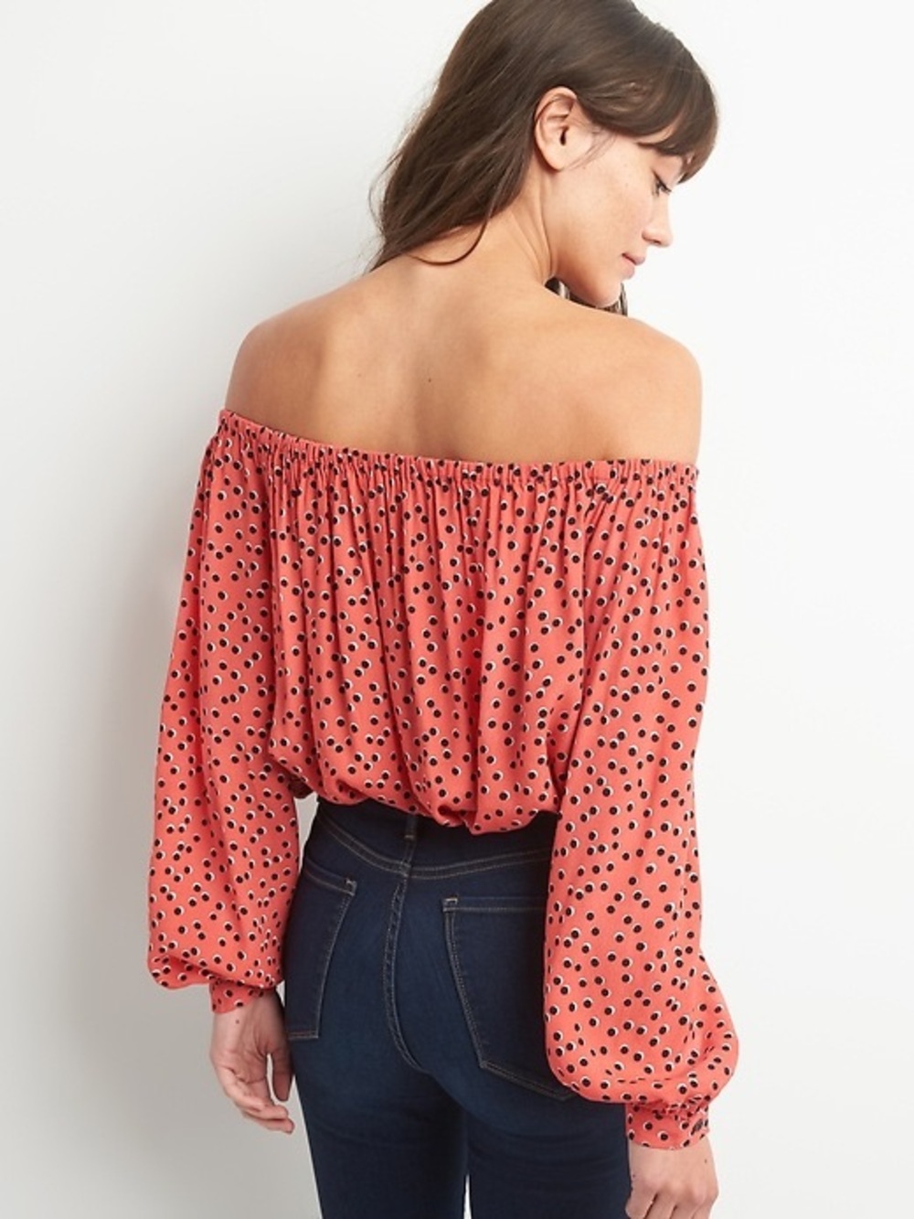 GAP Women’s Off-the-Shoulder Coral Polka Dot Lightweight Blouse Size L